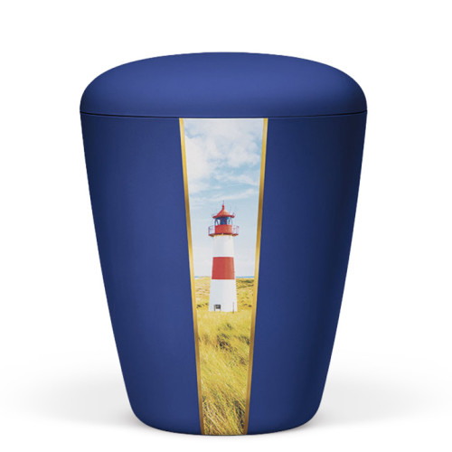 Naturstoffurne, Saphirblau Velours, Dekor: "Leuchtturm"