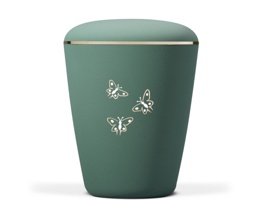 Naturstoffurne, Olivgrün Velours, Dekor: Schmetterlinge Gold/Weiß, Goldband