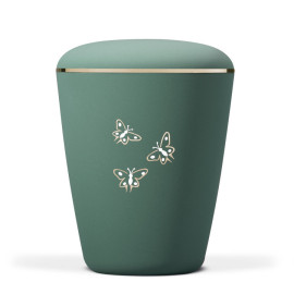 Naturstoffurne, Olivgrün Velours, Dekor: Schmetterlinge Gold/Weiß, Goldband