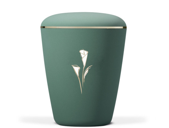 Naturstoffurne, Olivgrün Velours, Dekor: Calla Gold/Weiß, Goldband