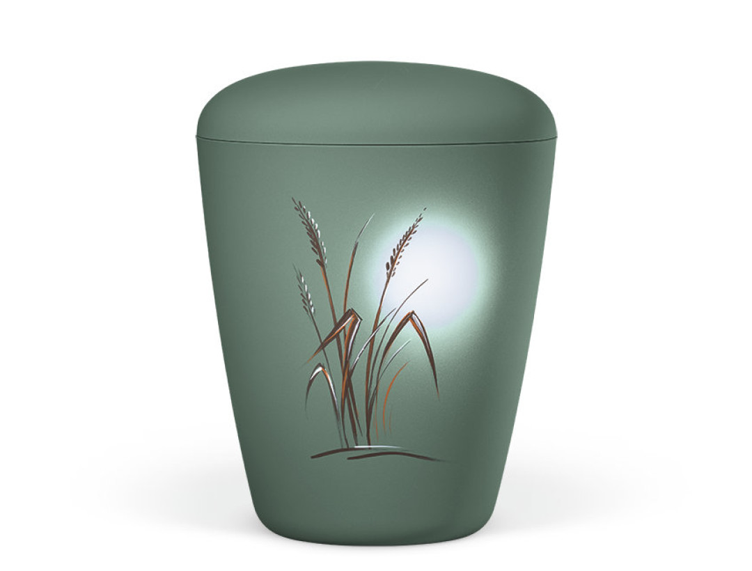 Naturstoffurne, Olivgrün Velours, Motiv: Gräser im Mondlicht, Handbemalt
