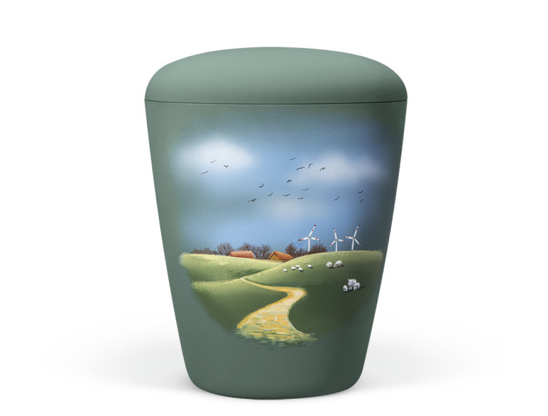 Naturstoffurne, Olivgrün Velours, Motiv: Wiesenlandschaft Handbemalt