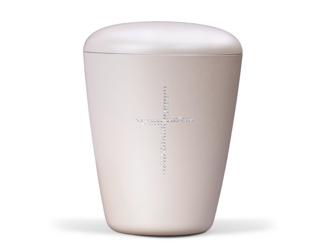 Naturstoffurne, Cremeweiß Perlmutt, Crystal Elements, Kreuz