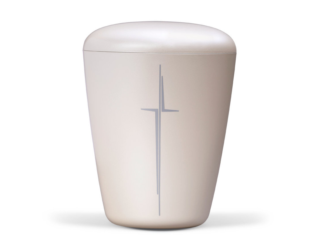 Naturstoffurne, Cremeweiß Perlmutt, Modernes Kreuz Matt Silber