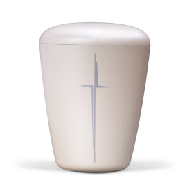 Naturstoffurne, Cremeweiß Perlmutt, Modernes Kreuz Matt Silber