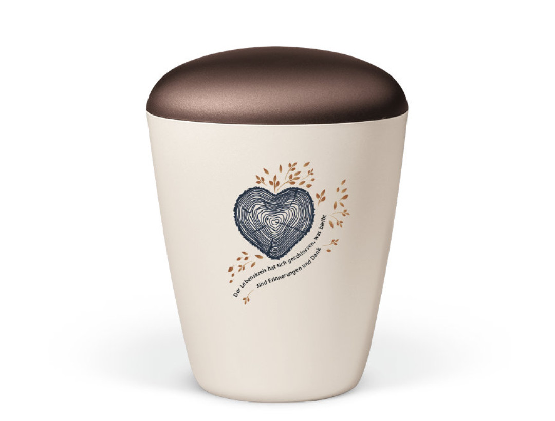 Naturstoffurne, Cremeweiß Perlmutt, Herz Baum-Jahresringe, Deckel Braun, Trauertext 1