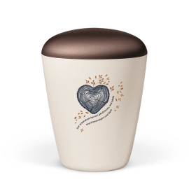 Naturstoffurne, Cremeweiß Perlmutt, Herz Baum-Jahresringe, Deckel Braun, Trauertext 1