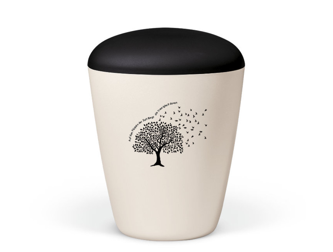 Naturstoffurne, Cremeweiß Perlmutt, Lebensbaum-Vögel ziehend, Deckel Anthrazit Velours, Trauertext 8