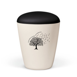 Naturstoffurne, Cremeweiß Perlmutt, Lebensbaum-Vögel ziehend, Deckel Anthrazit Velours, Trauertext 8