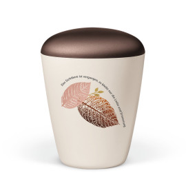 Naturstoffurne, Cremeweiß Perlmutt, Blätter Art Design, Deckel Braun, Trauertext 6