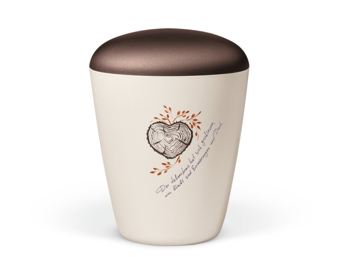 Naturstoffurne, Cremeweiß Perlmutt, Herz Baum-Lebensringe, Deckel Braun, Trauertext 1, Handbemalung
