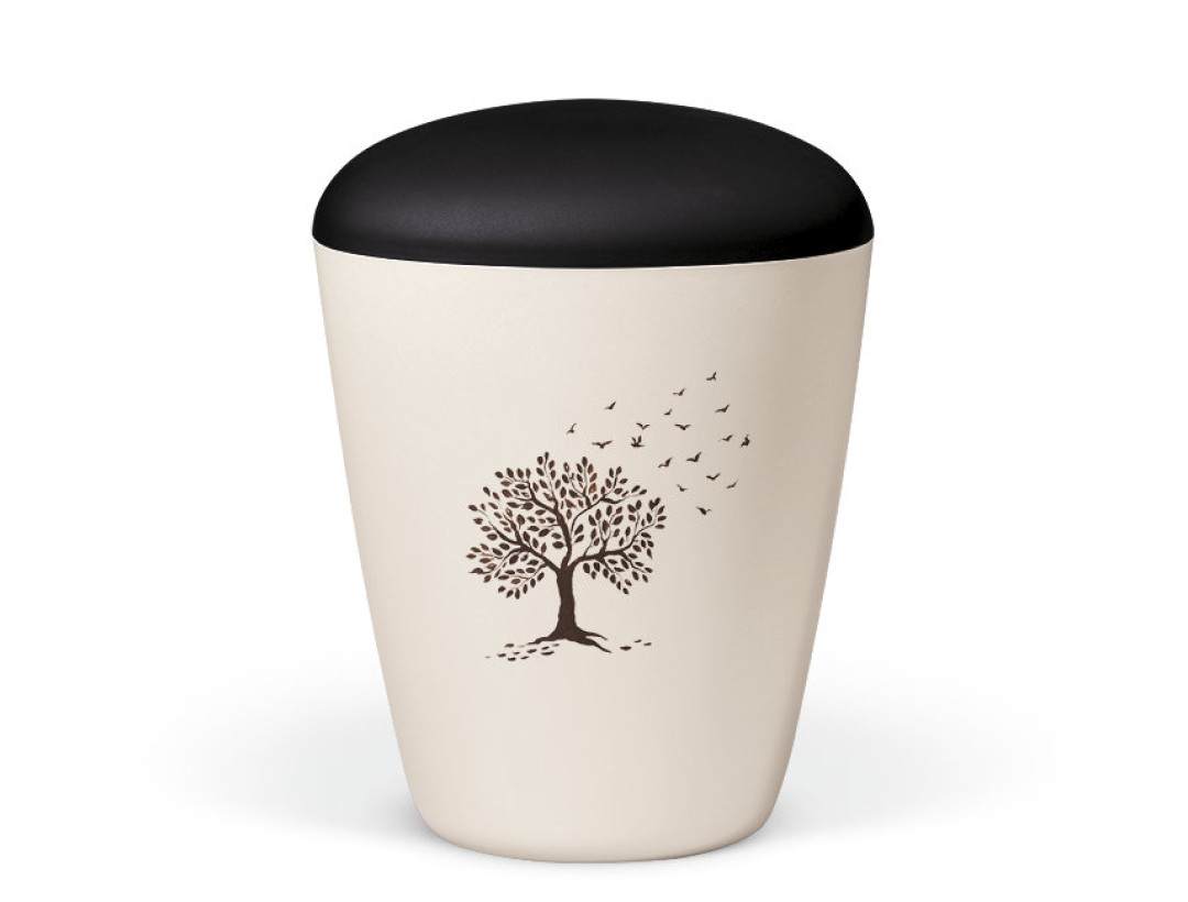 Naturstoffurne, Cremeweiß Perlmutt, Lebensbaum-Vögel ziehend Deckel Anthrazit Velours, Handbemalung