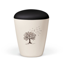 Naturstoffurne, Cremeweiß Perlmutt, Lebensbaum-Vögel ziehend Deckel Anthrazit Velours, Handbemalung