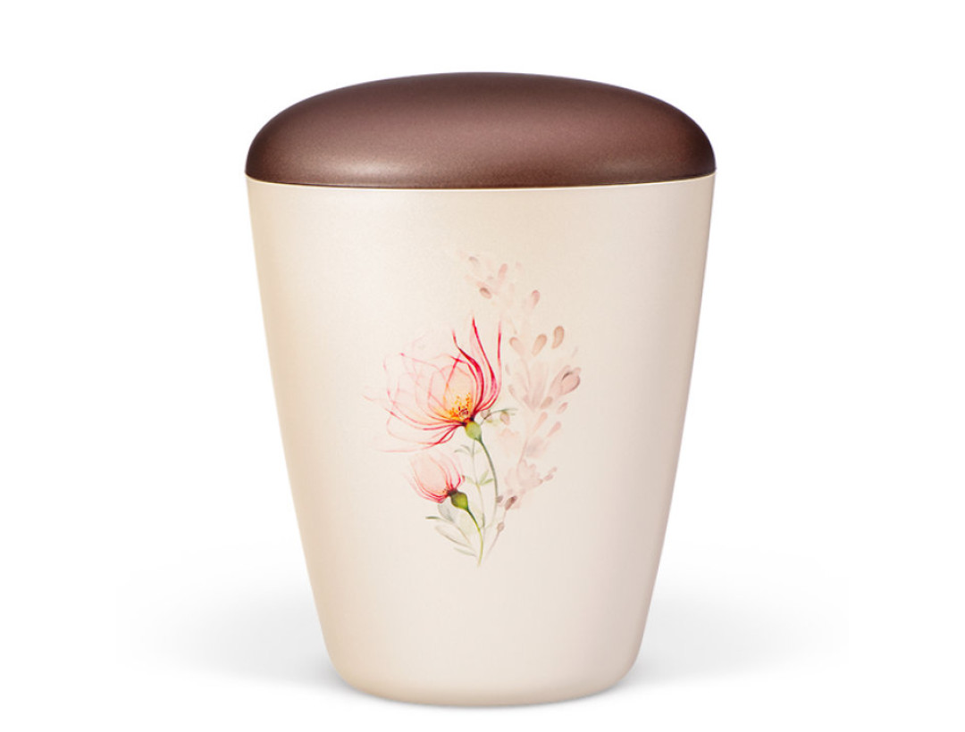 Naturstoffurne, Cremeweiß Perlmutt, Aquarell-Rosenstrauß, Pfirsichblüte, Deckel Kastanienbraun
