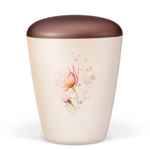 Naturstoffurne, Cremeweiß Perlmutt, Aquarell-Rosenstrauß, Pfirsichblüte, Deckel Kastanienbraun