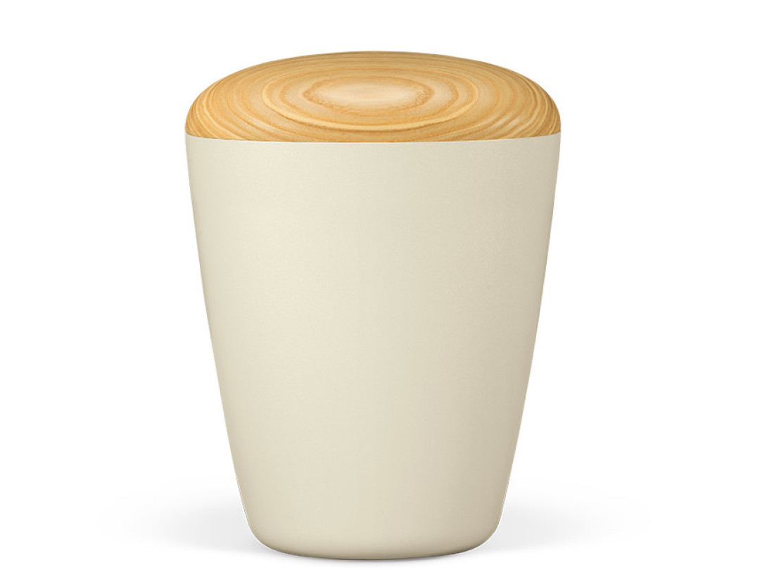 Naturstoffurne, Cremeweiß Perlmutt, Holzdeckel Esche geölt