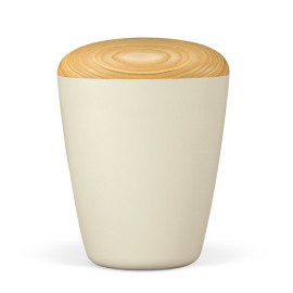 Naturstoffurne, Cremeweiß Perlmutt, Holzdeckel Esche geölt