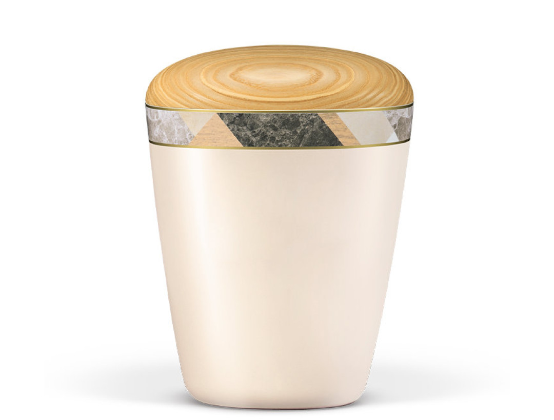 Naturstoffurne, Cremeweiß Perlmutt Dekorband: Rauten, Holzdeckel Esche geölt