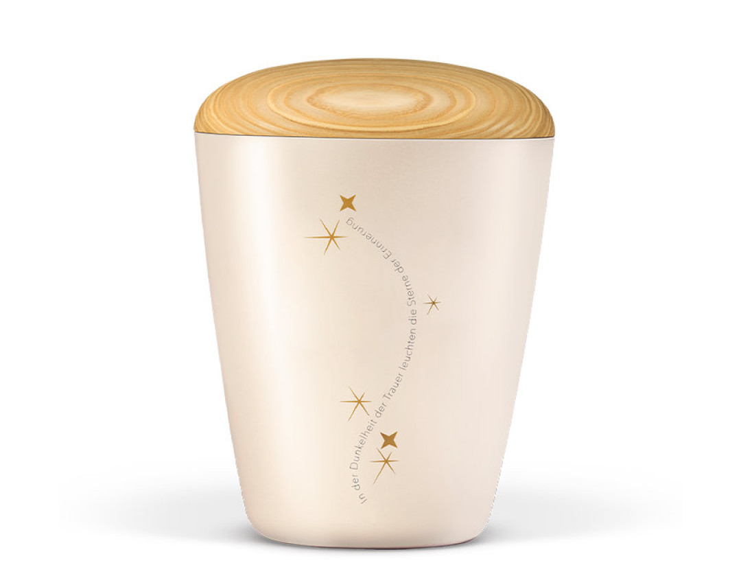 Naturstoffurne, Cremeweiß Perlmutt, Holzdeckel Esche geölt DekorText: In der Dunkelheit...