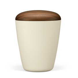 Naturstoffurne, Cremeweiß Perlmutt, Holzdeckel Nußbaum geölt