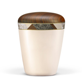 Naturstoffurne, Cremeweiß Perlmutt, Dekorband: Rauten, Holzdeckel Nußbaum geölt