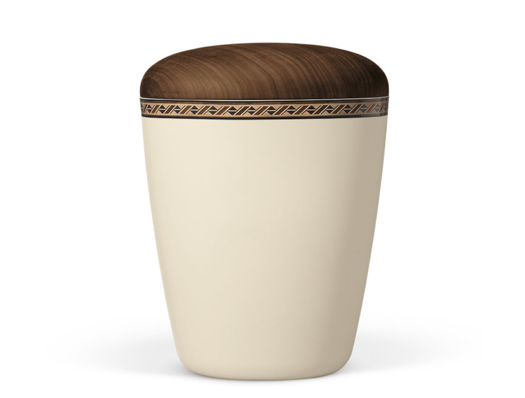 Naturstoffurne, Beige-Velours Dekor: Rautenkordel, Holzdeckel Nußbaum geölt