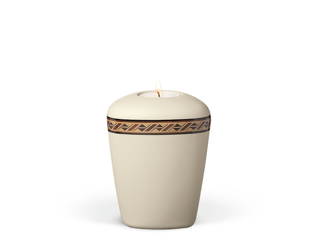 Keramikurne, Beige-Velours Dekor: Rautenkordel Gedenkurne mit Teelicht