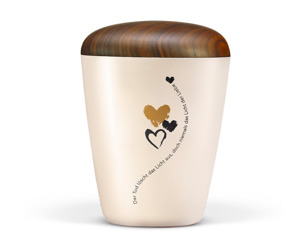 Naturstoffurne, Cremeweiß Perlmutt, Holzdeckel Nußbaum geölt DekorText Der Tod löscht..