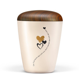 Naturstoffurne, Cremeweiß Perlmutt, Holzdeckel Nußbaum geölt DekorText Der Tod löscht..