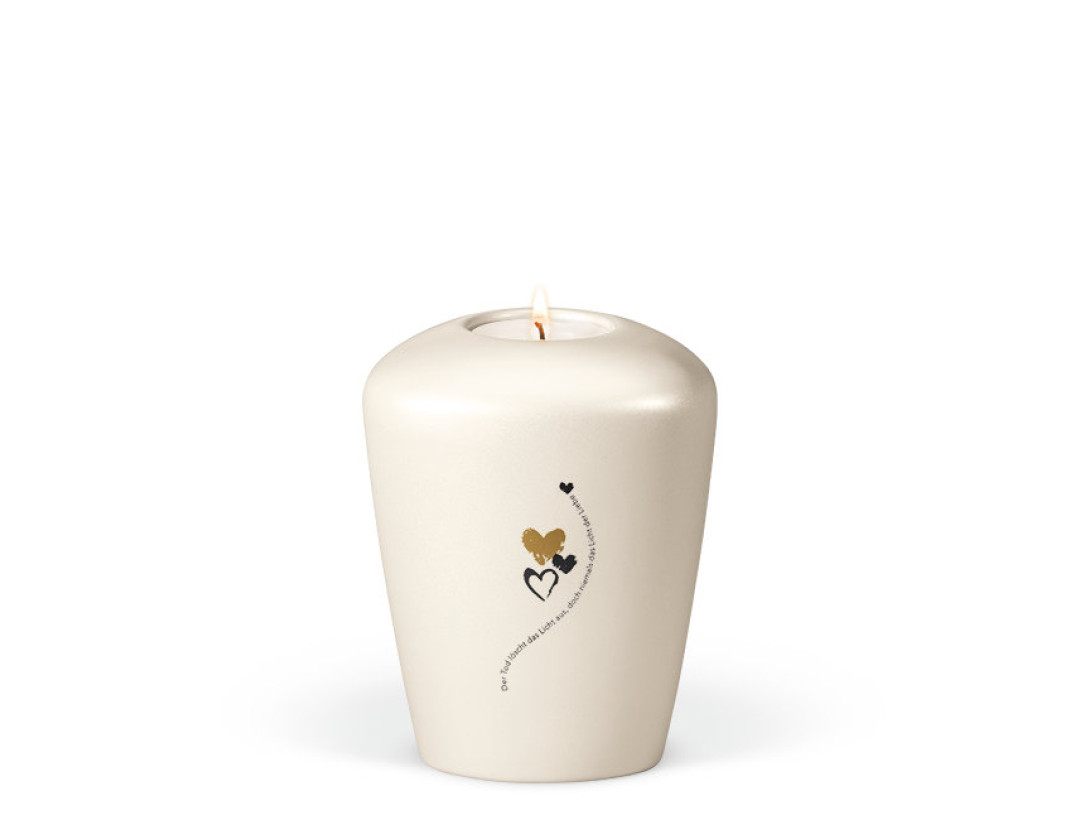 Keramikurne, Cremeweiß Perlmutt, DekorText Der Tod löscht.. Gedenkurne mit Teelicht