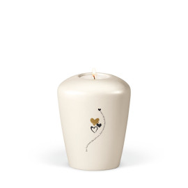 Keramikurne, Cremeweiß Perlmutt, DekorText Der Tod löscht.. Gedenkurne mit Teelicht