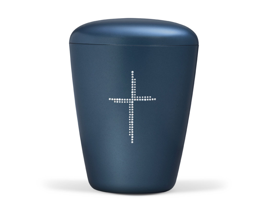 Naturstoffurne, Blau Perlmutt Crystal Elements, Kreuz