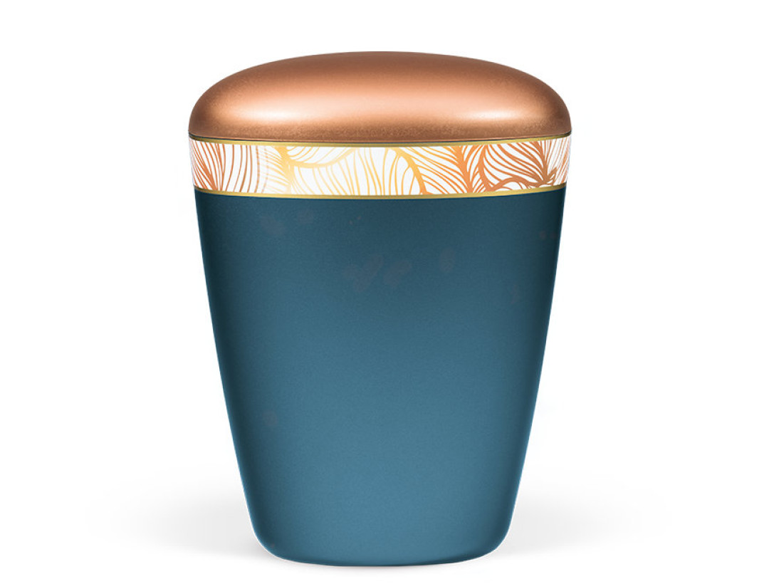 Naturstoffurne, Blau Perlmutt, Bicolore Dekorband Art Design, Deckel Kupferfarbig