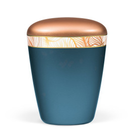 Naturstoffurne, Blau Perlmutt, Bicolore Dekorband Art Design, Deckel Kupferfarbig