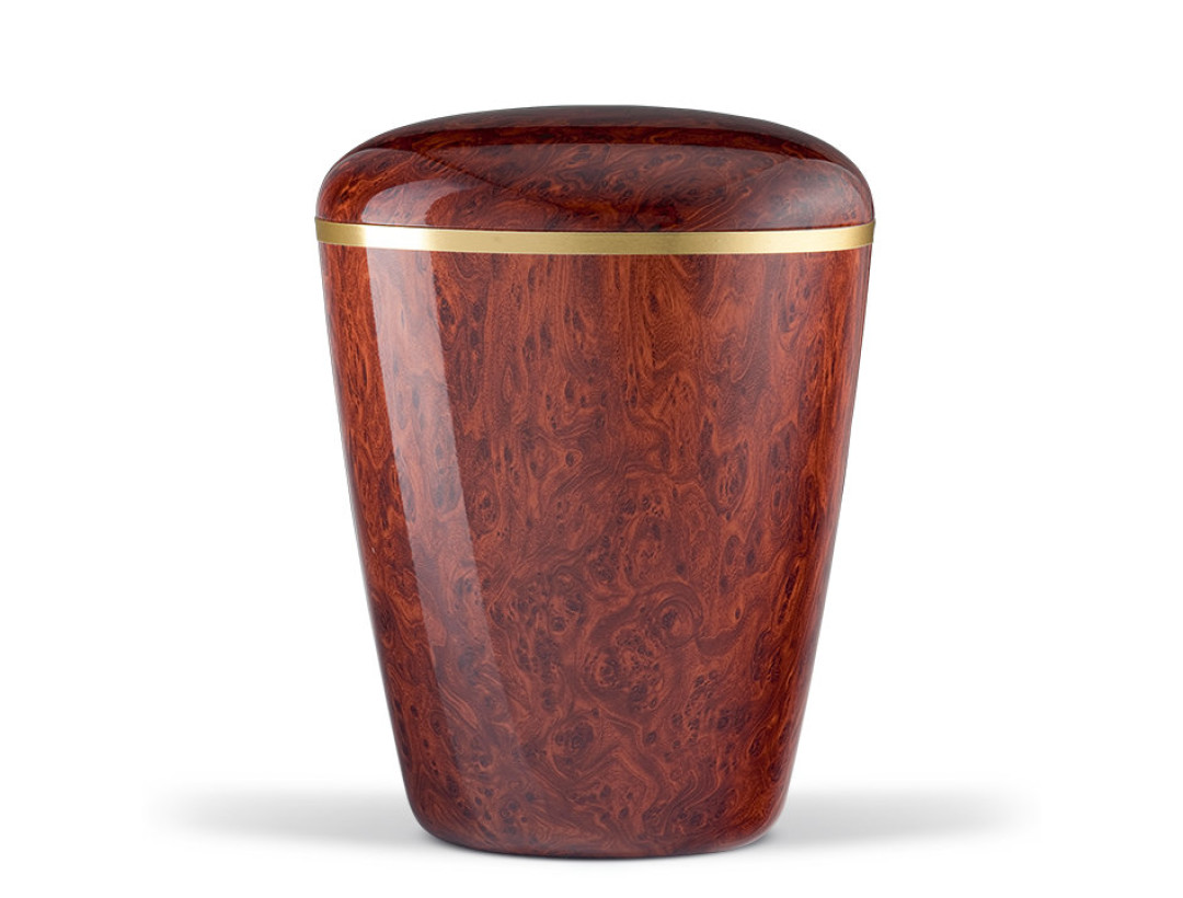 Naturstoffurne, Wurzelholzeffekt Folienbeschichtung, Goldband gebürstet