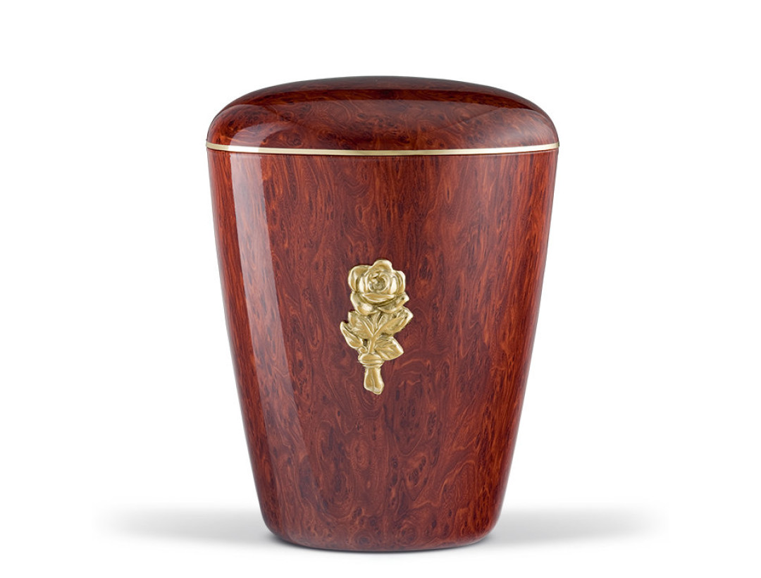 Naturstoffurne, Wurzelholzeffekt Folienbeschichtung, MS-Rosenblüte, Goldband