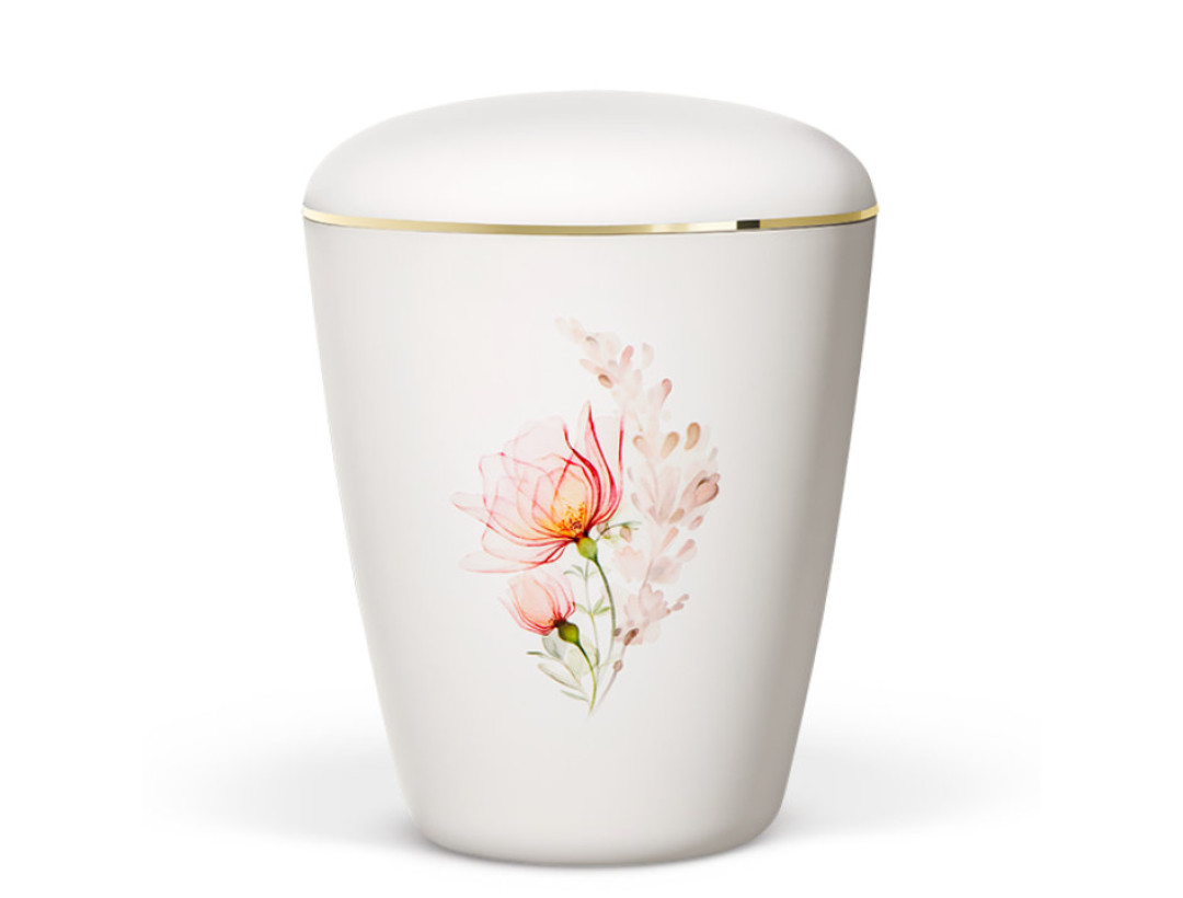 Naturstoffurne, Weiß-Matt, Aquarell-Rosenstrauß, Pfirsichblüte, Goldband