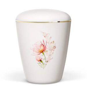 Naturstoffurne, Weiß-Matt, Aquarell-Rosenstrauß, Pfirsichblüte, Goldband