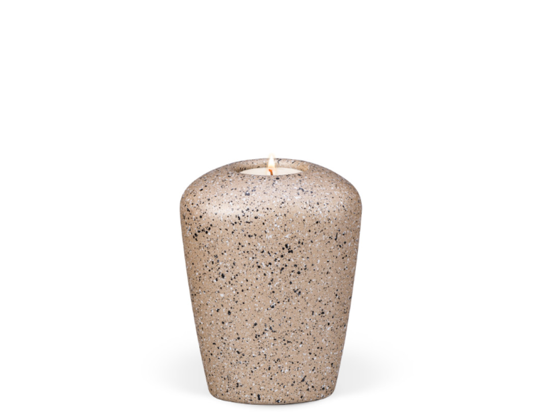 Keramikurne, Perlbeige, Steinoptik, Gedenkurne mit Teelicht