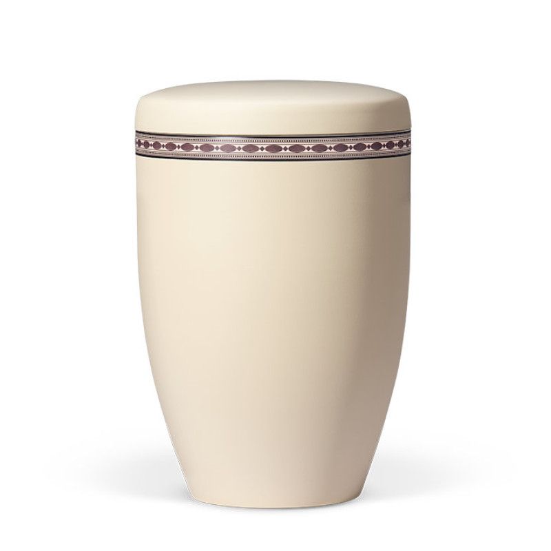 Naturstoffurne in Elfenbein-Beige mit einer dekorativen, dunkelbraunen Intarsien-Imitation am oberen Rand, in Gesamtansicht.