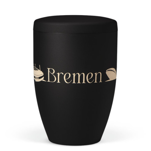 Naturstoffurne in Anthrazit Velours mit Lasergravur "Bremen", zylindrische Form und geschlossene Oberseite, Gesamtansicht.