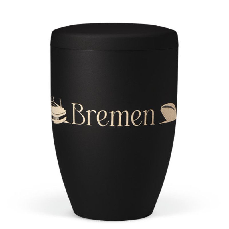 Naturstoffurne in Anthrazit Velours mit Lasergravur "Bremen", zylindrische Form und geschlossene Oberseite, Gesamtansicht.
