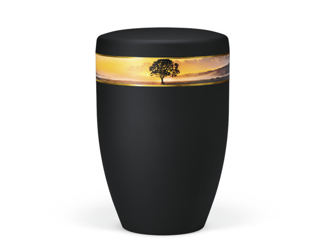 Naturstoffurne, Anthrazit Velours, Dekorband: Baum im Morgenlicht