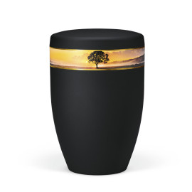 Naturstoffurne, Anthrazit Velours, Dekorband: Baum im Morgenlicht