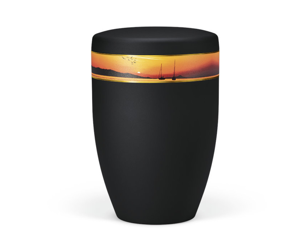 Naturstoffurne, Anthrazit Velours, Dekorband: Segelboote in der Abendsonne