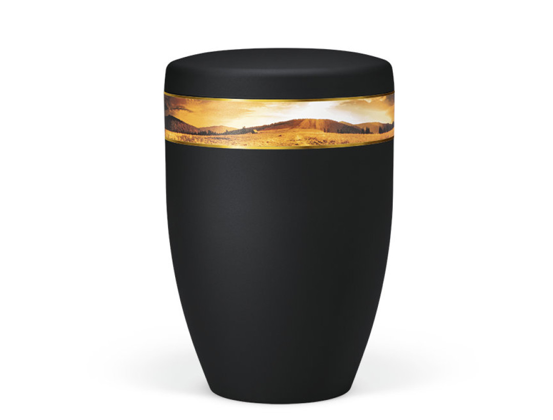 Naturstoffurne, Anthrazit Velours, Dekorband: Landschaft im Sonnenuntergang