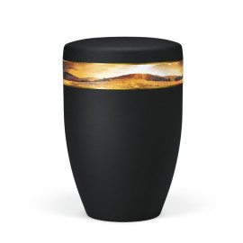 Naturstoffurne, Anthrazit Velours, Dekorband: Landschaft im Sonnenuntergang