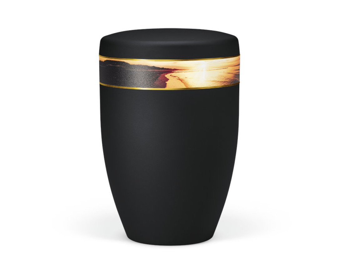 Naturstoffurne, Anthrazit Velours, Dekorband: Sonnenuntergang am Meer