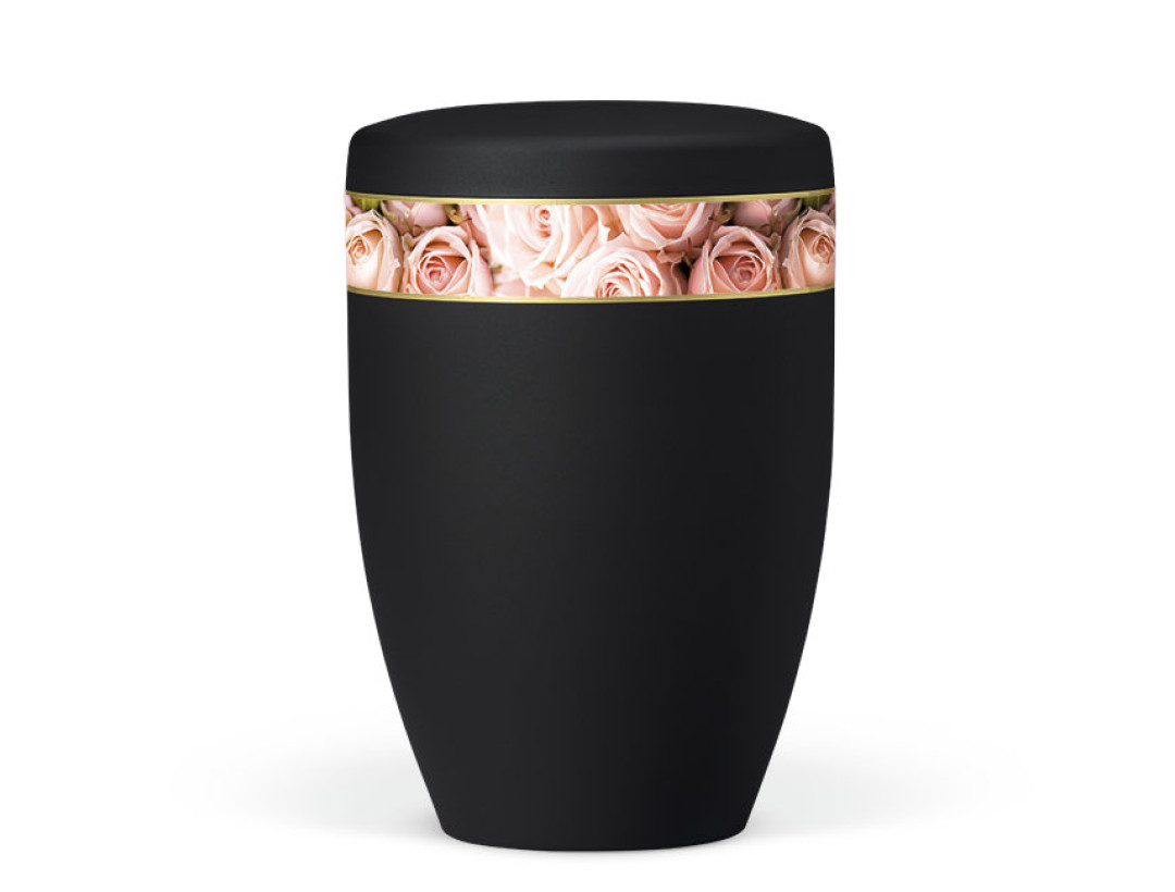 Naturstoffurne, Anthrazit Velours, Dekorband: Rosenblätter-Rosa
