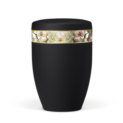 Naturstoffurne in anthrazit Velours mit einem dekorativen Orchideenband, rundliche Form und matte Oberfläche, Gesamtansicht des Produkts.